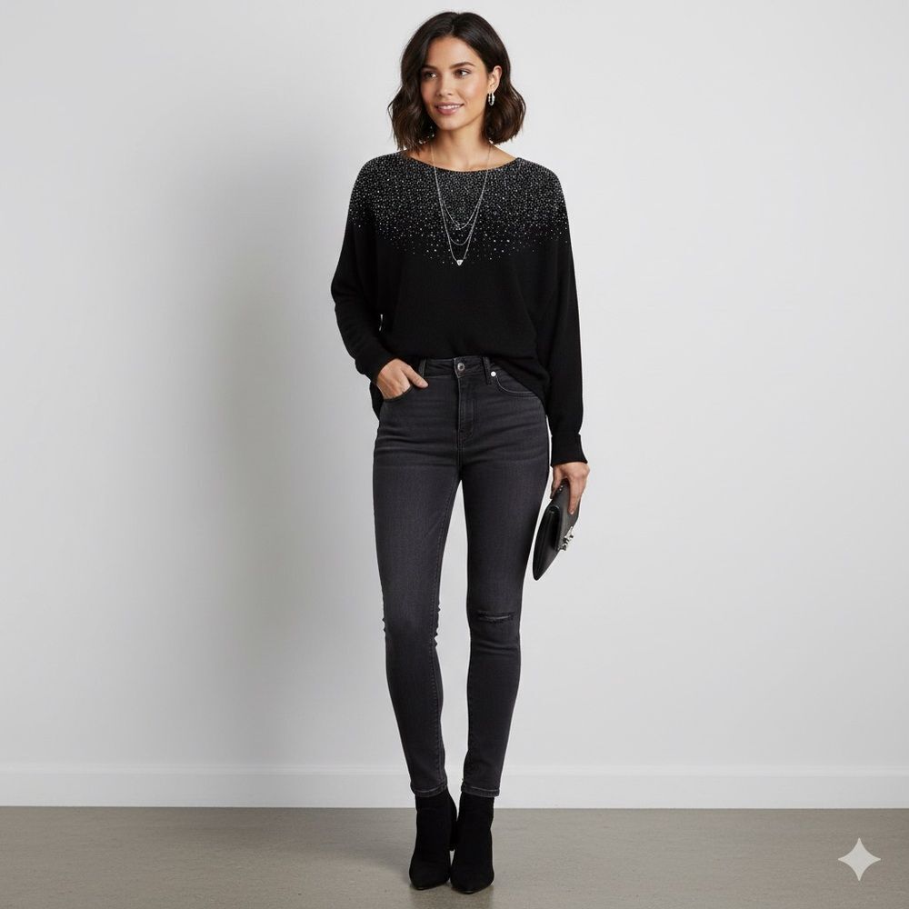 Vita‎ Milano Elegant Black Sweater with Silver Accents Size L